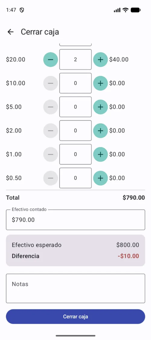 El contador de billetes y monedas suma mientras capturas, y la diferencia se actualiza en vivo.