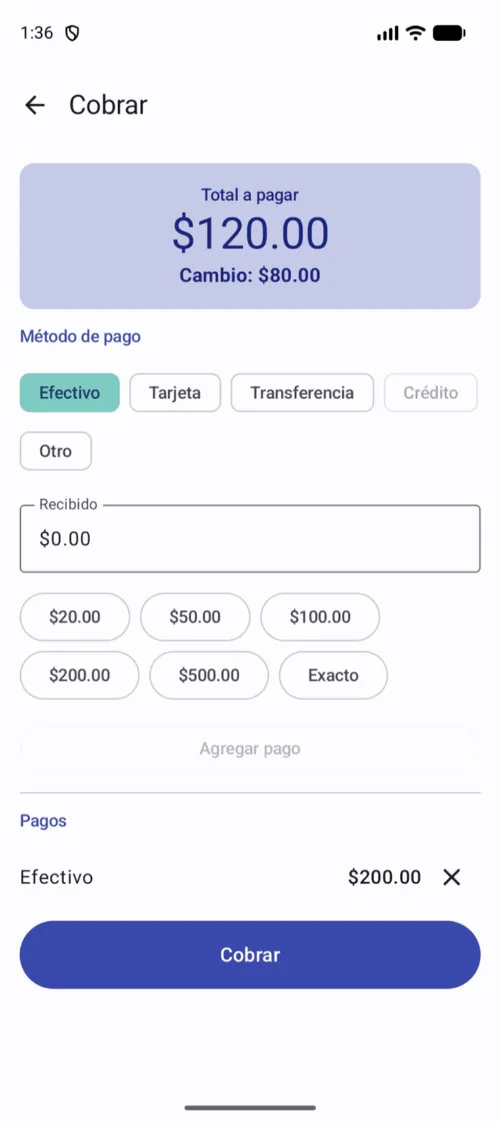 El cambio se calcula solo, y únicamente sobre el efectivo
