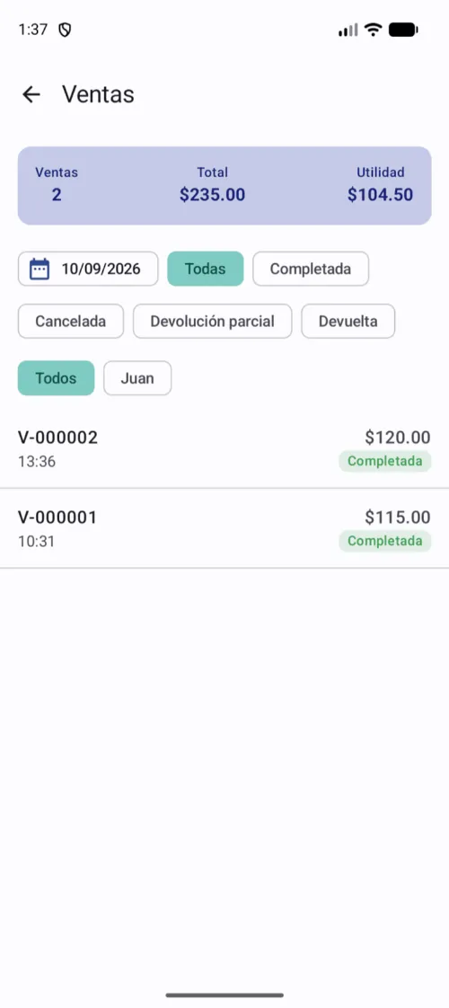 El historial filtra por fecha, cajero y estado