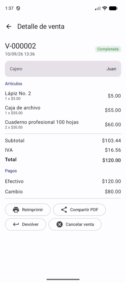 Desde el detalle se reimprime, se cancela o se devuelve