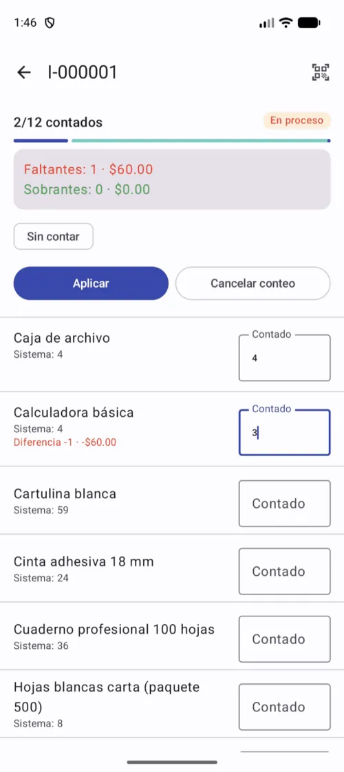 El avance te dice cuántos productos llevas contados del total.