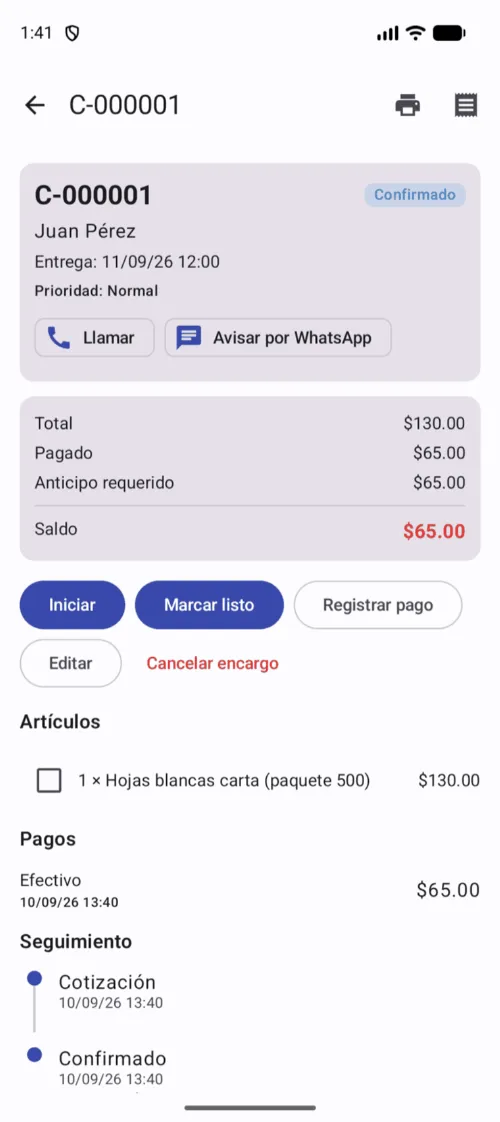 El detalle guarda la historia completa del pedido