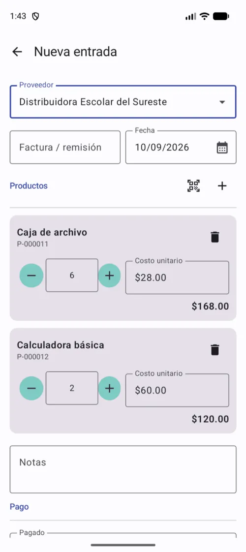 Al elegir un producto, el costo se llena con el último que registraste y puedes corregirlo.