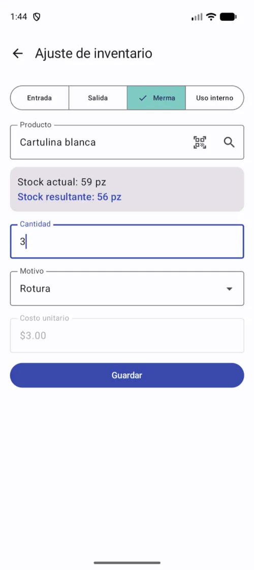 Antes de guardar ves cómo va a quedar la existencia.
